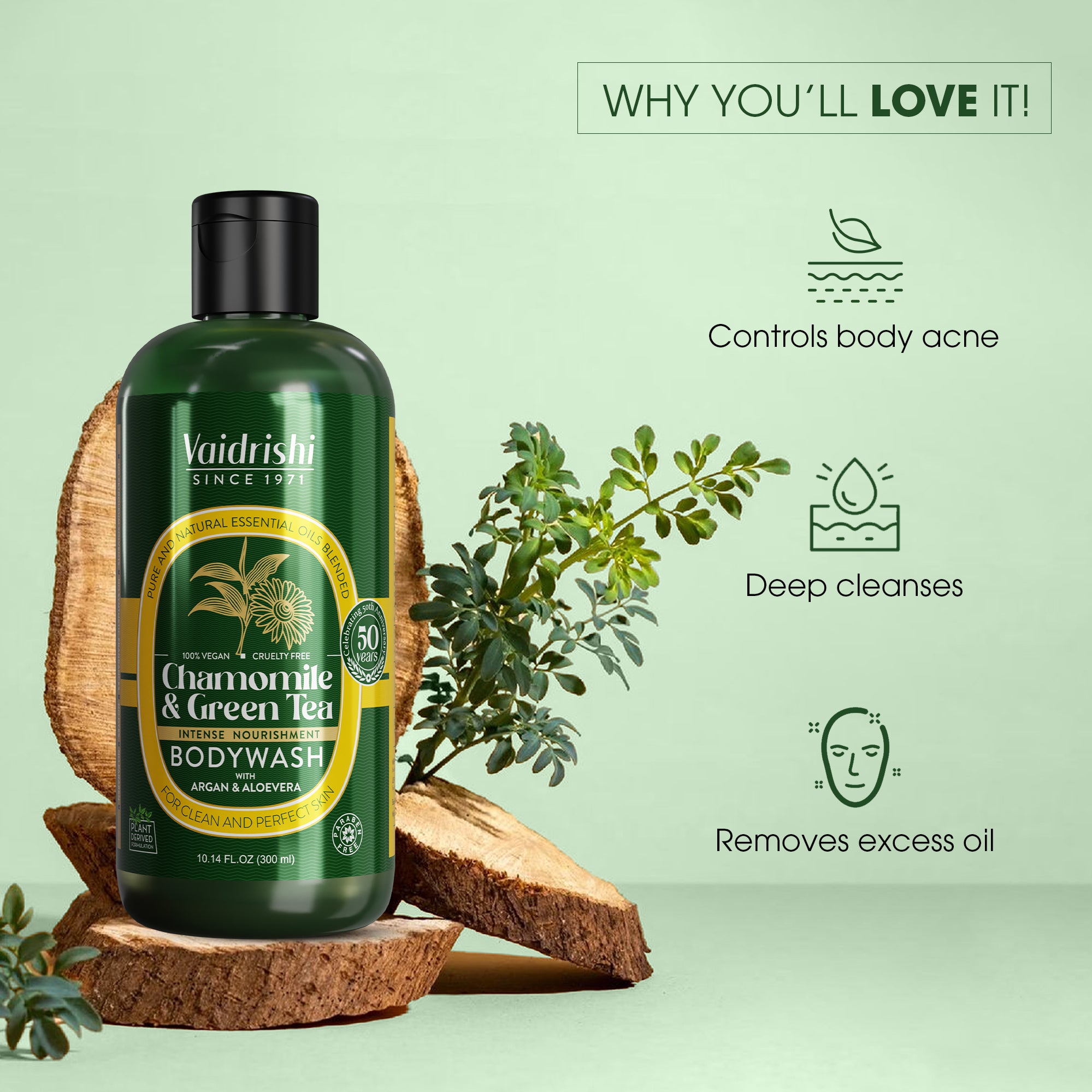 Vaidrishi Bodywash for Rejuvenate Skin with Chamomile and Green Tea | Refresh & Calm | 300 ML