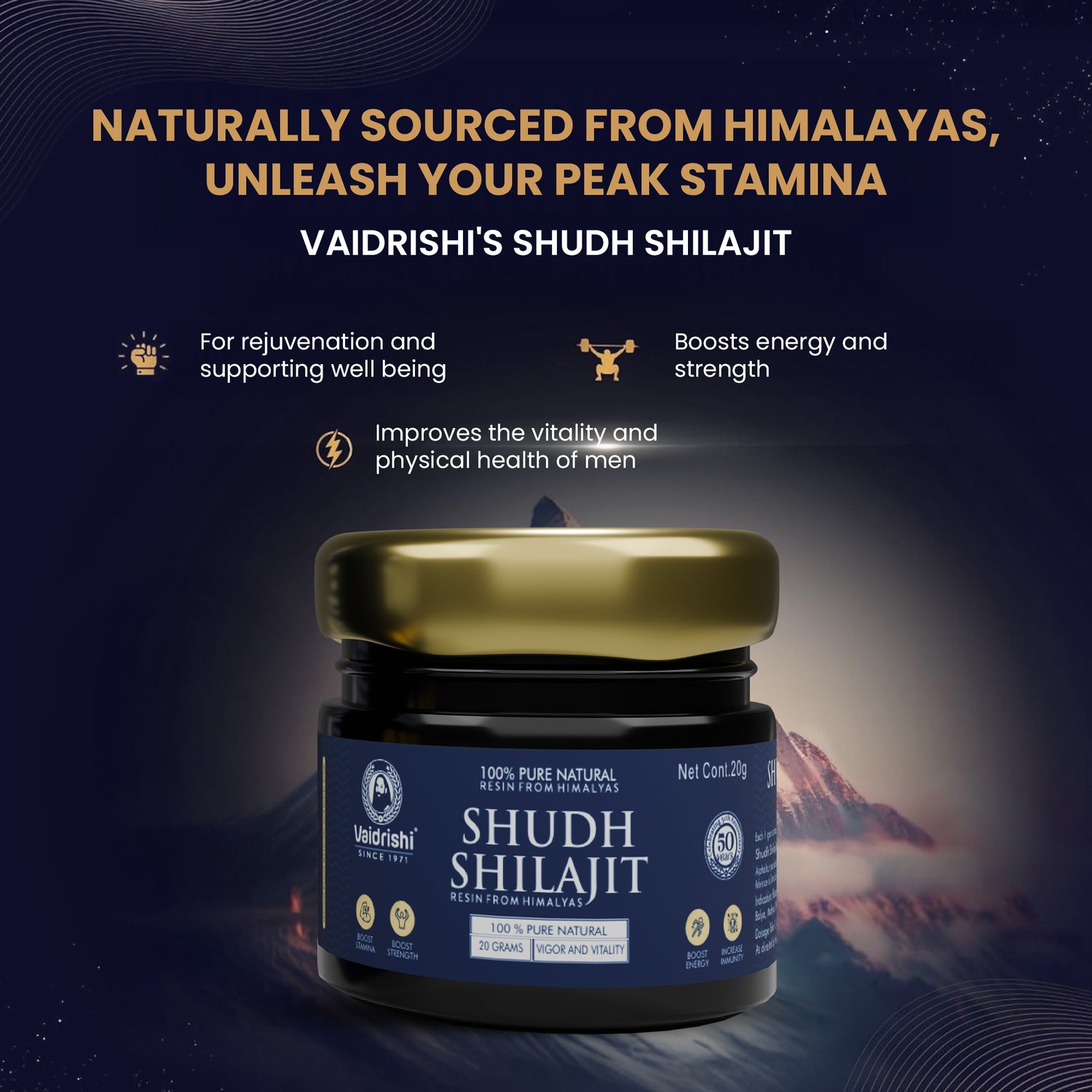Vaidrishi Shudh Shilajit Resin – 100% Pure Himalayan | Boost Energy, Strength & Immunity – 20g