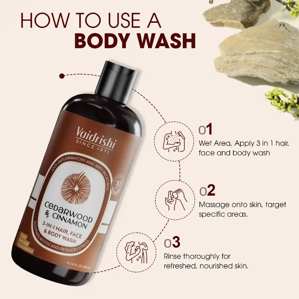 Vaidrishi Body Wash 3-in-1 for Dryness &amp; Skin Inflection with Cedarwood &amp; Cinnamon | Clean &amp; Healthy Skin &amp; Face | 300 ML