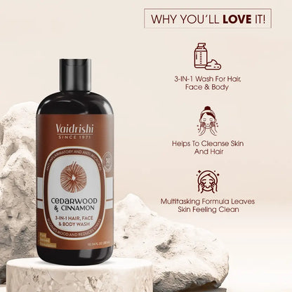 Vaidrishi Body Wash 3-in-1 for Dryness &amp; Skin Inflection with Cedarwood &amp; Cinnamon | Clean &amp; Healthy Skin &amp; Face | 300 ML